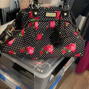 Betsey Johnson Black and Pink Rose Polka Dot Overnight Bag